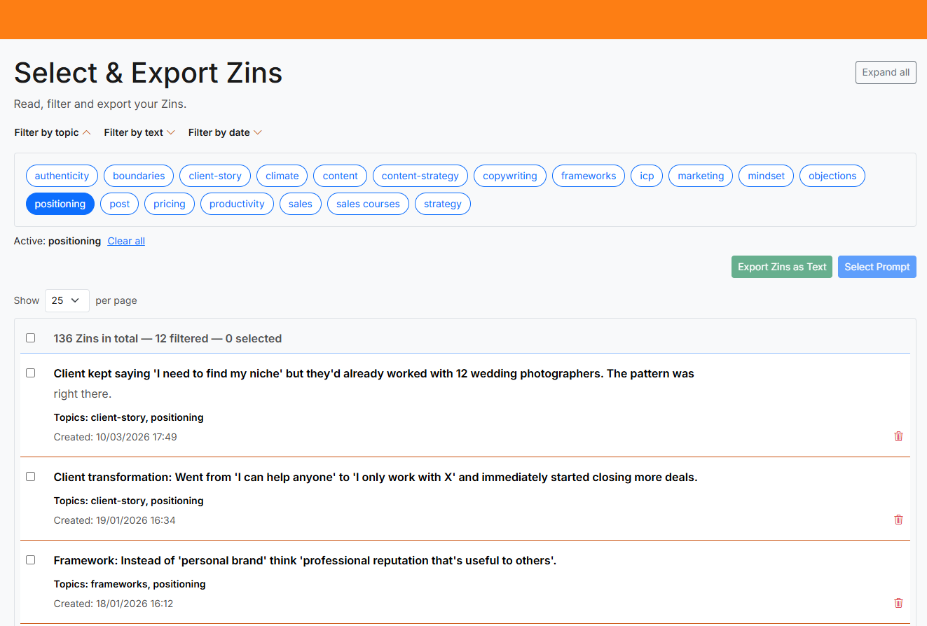 Zin — filter and browse your library of thinking